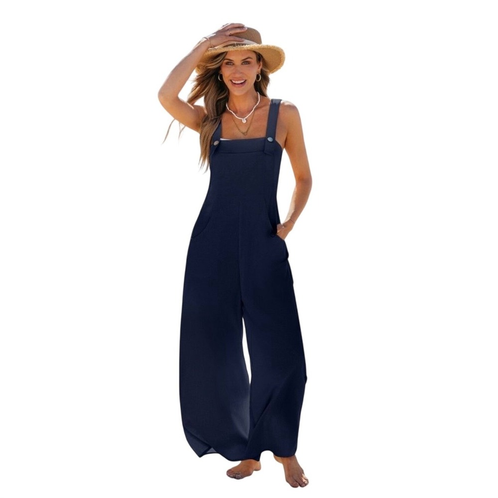 Cupshe Womens Navy Blue 100% Cotton Wide Leg Bib Overalls Jumpsuit‎ Medium